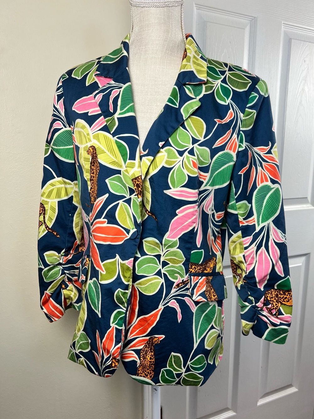 Fate Tropical Print Leopard Blazer Cotton Scrunch Sleeve Jacket Size S Boho